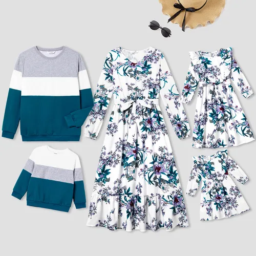 Family Matching Colorblock Long-sleeve Tops and Floral Print Long Sleeve Belted Dresses Sets