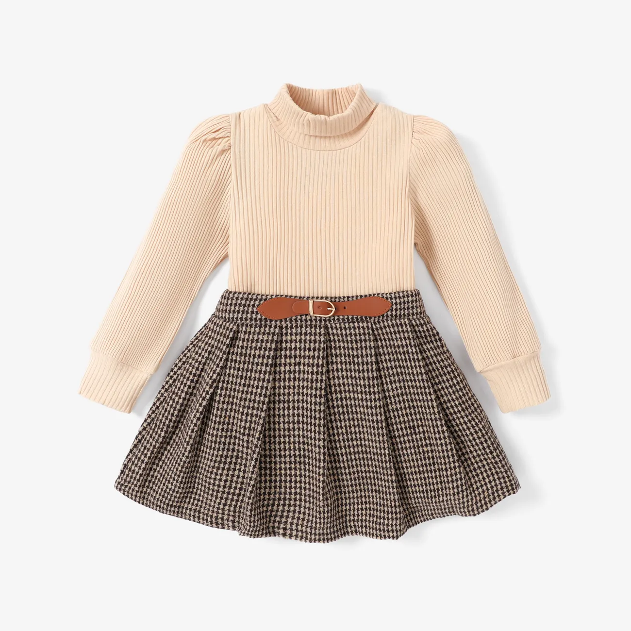 2pcs Toddler Girl Pretty Mock Neck Puff-sleeve Te and Houndstooth Pleated Skirt Set big image 1