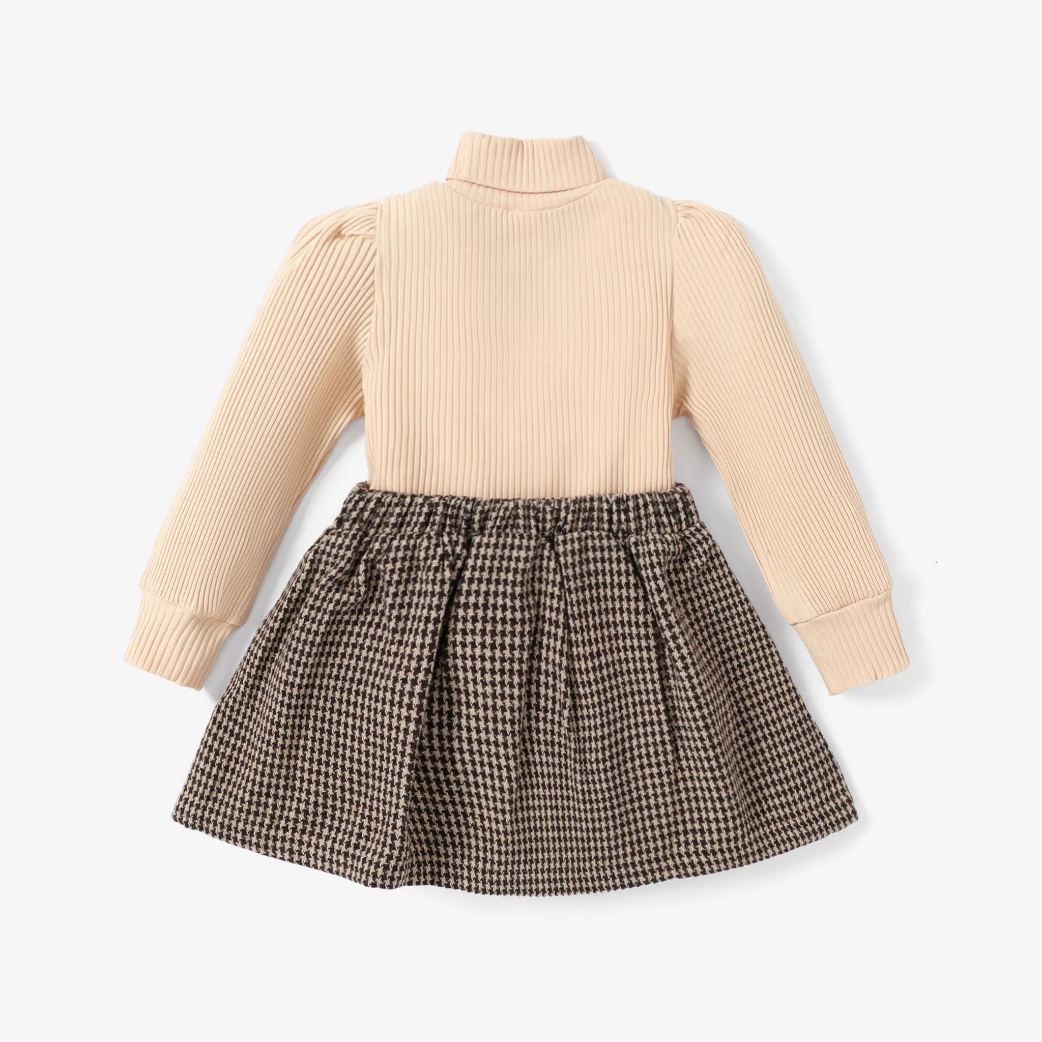 2pcs Toddler Girl Pretty Mock Neck Puff-sleeve Te and Houndstooth Pleated Skirt Set  image 2