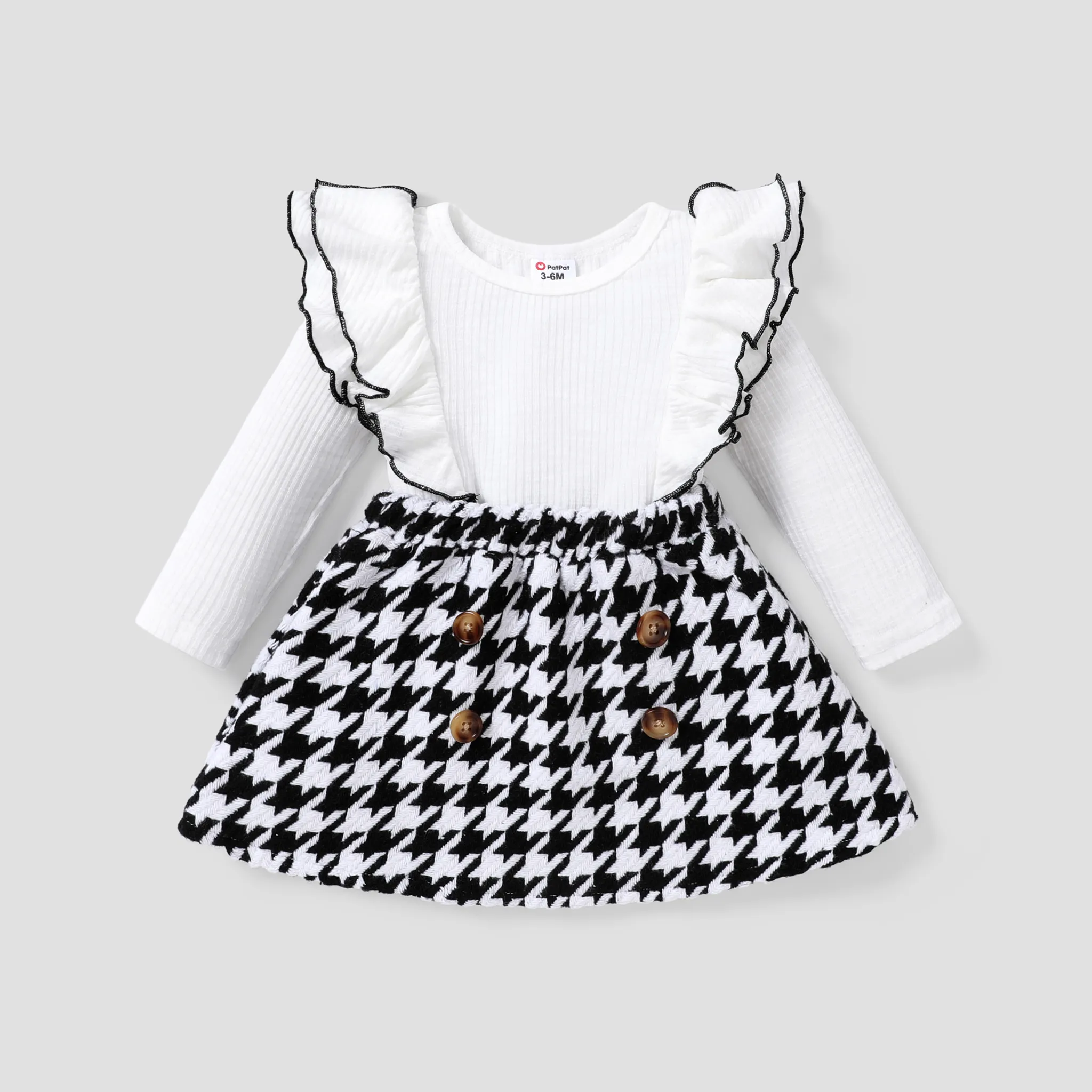 

2pcs Baby Girl Rib Knit Layered Ruffle Trim Long-sleeve Top and Double Breasted Houndstooth Skirt Set