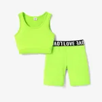 2pcs Kid Girl Solid Color Tank Top and Letter Print Shorts Sporty Set lightgreen