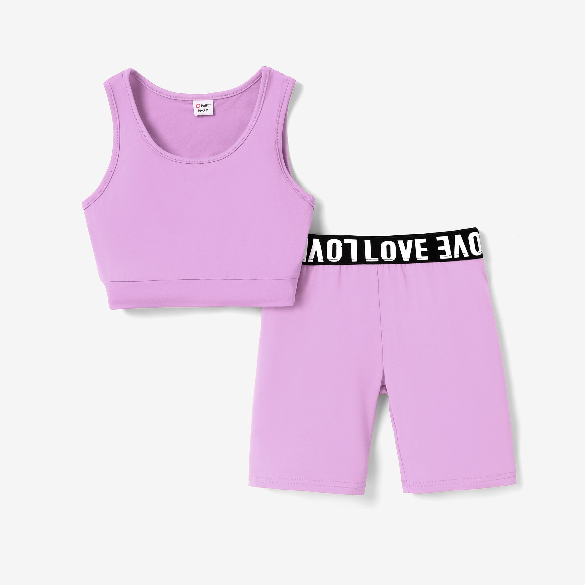2pcs Kid Girl Solid Color Tank Top And Letter Print Shorts Sporty Set