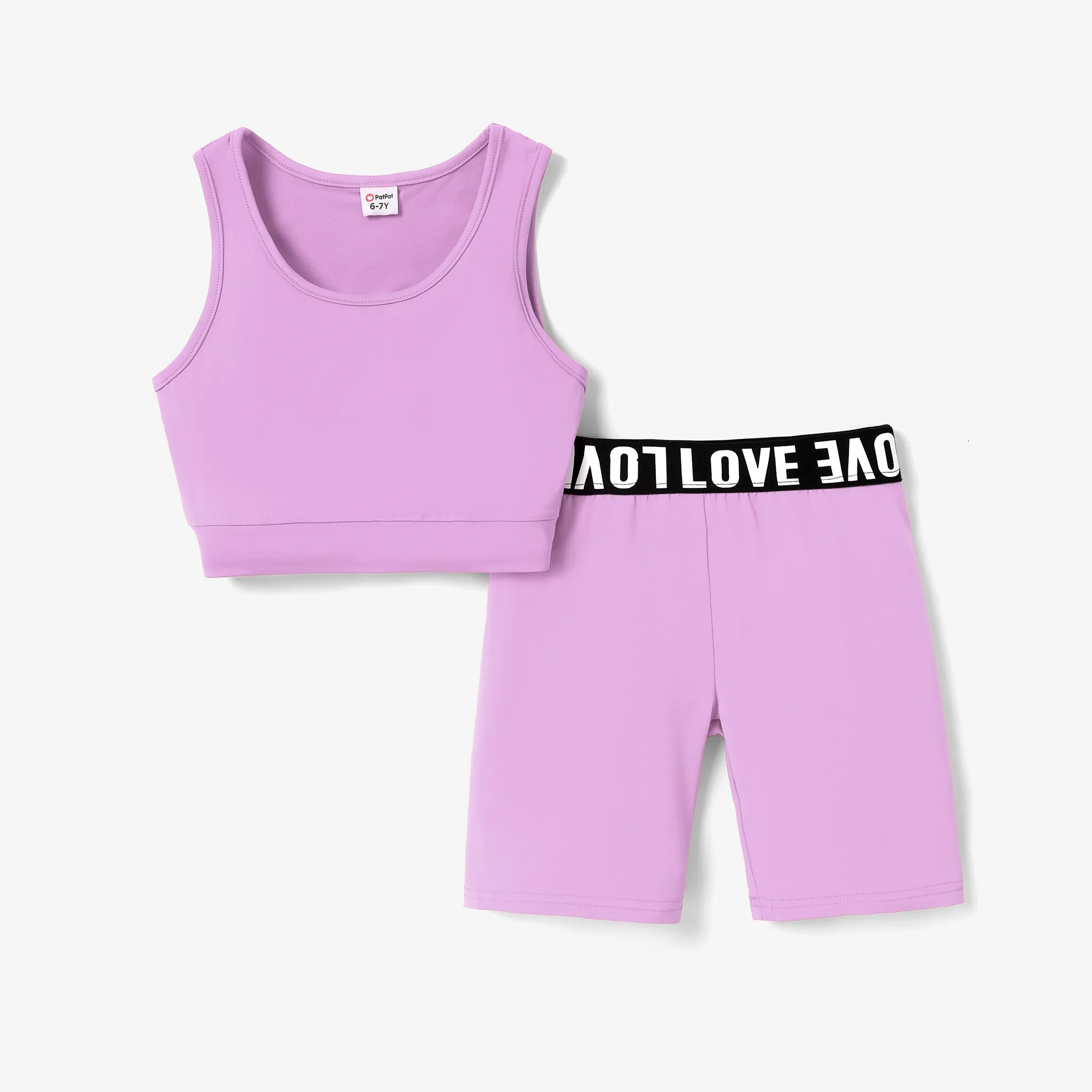 2pcs Kid Girl Solid Color Tank Top and Letter Print Shorts Sporty Set LightMediumPurple