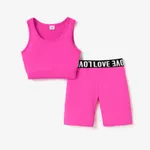2pcs Kid Girl Solid Color Tank Top and Letter Print Shorts Sporty Set Hot Pink