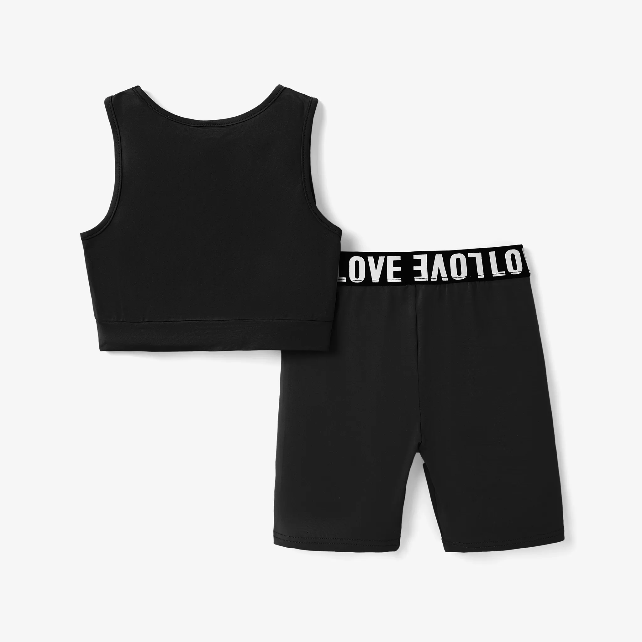 2pcs Kid Girl Solid Color Tank Top and Letter Print Shorts Sporty Set Black image 2