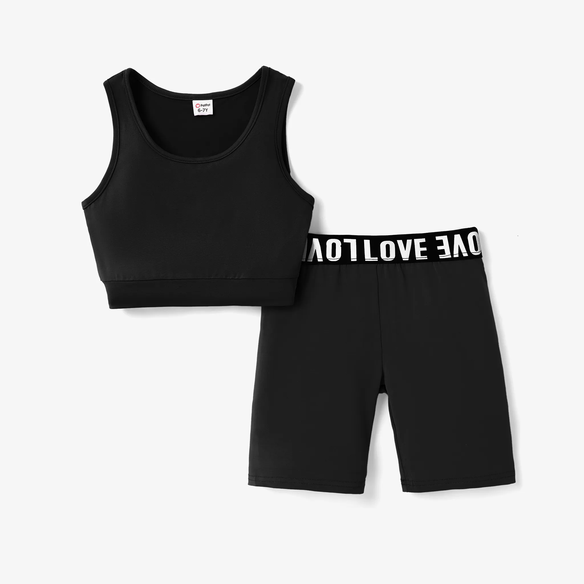 2pcs Kid Girl Solid Color Tank Top and Letter Print Shorts Sporty Set Black big image 1