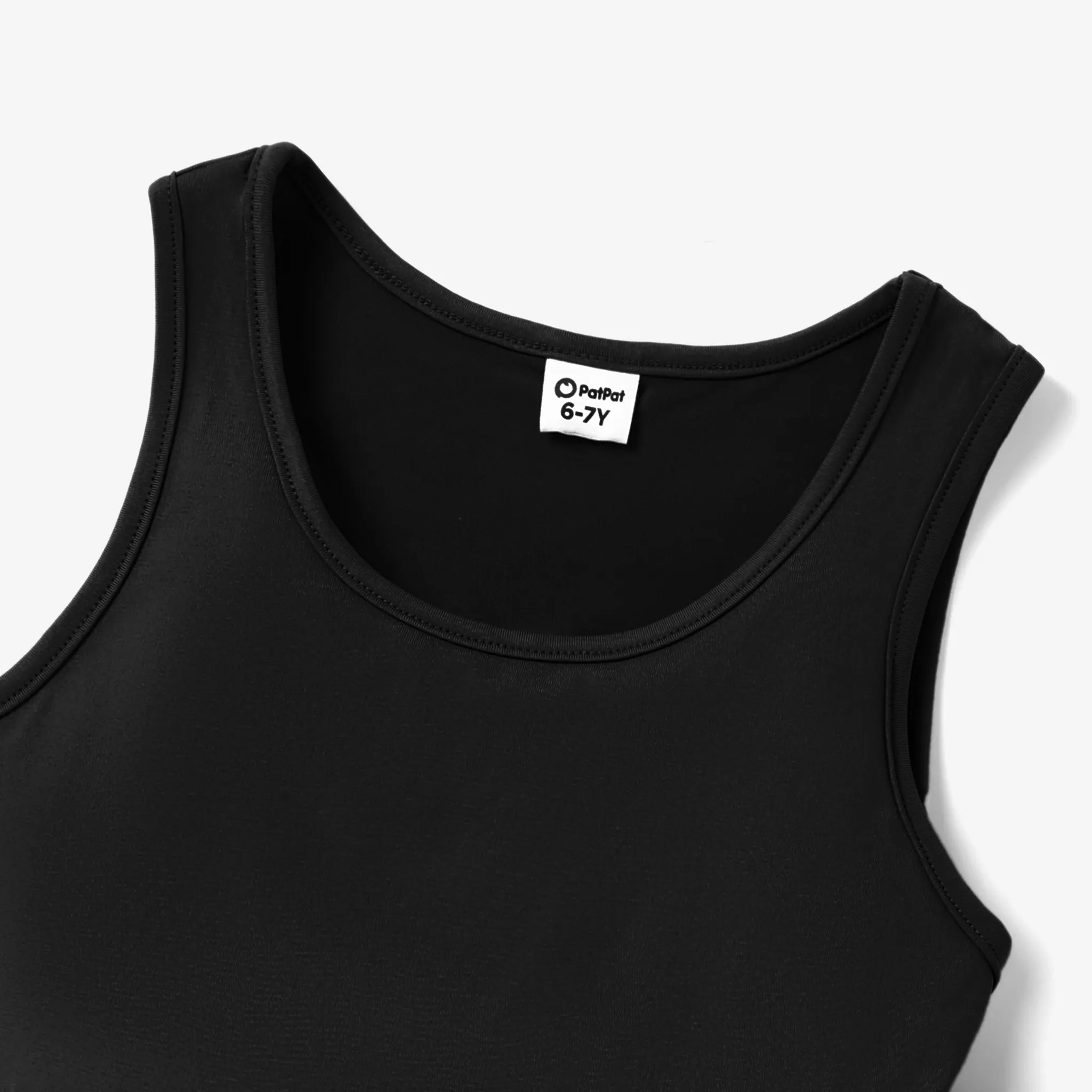 2pcs Kid Girl Solid Color Tank Top and Letter Print Shorts Sporty Set Black image 3