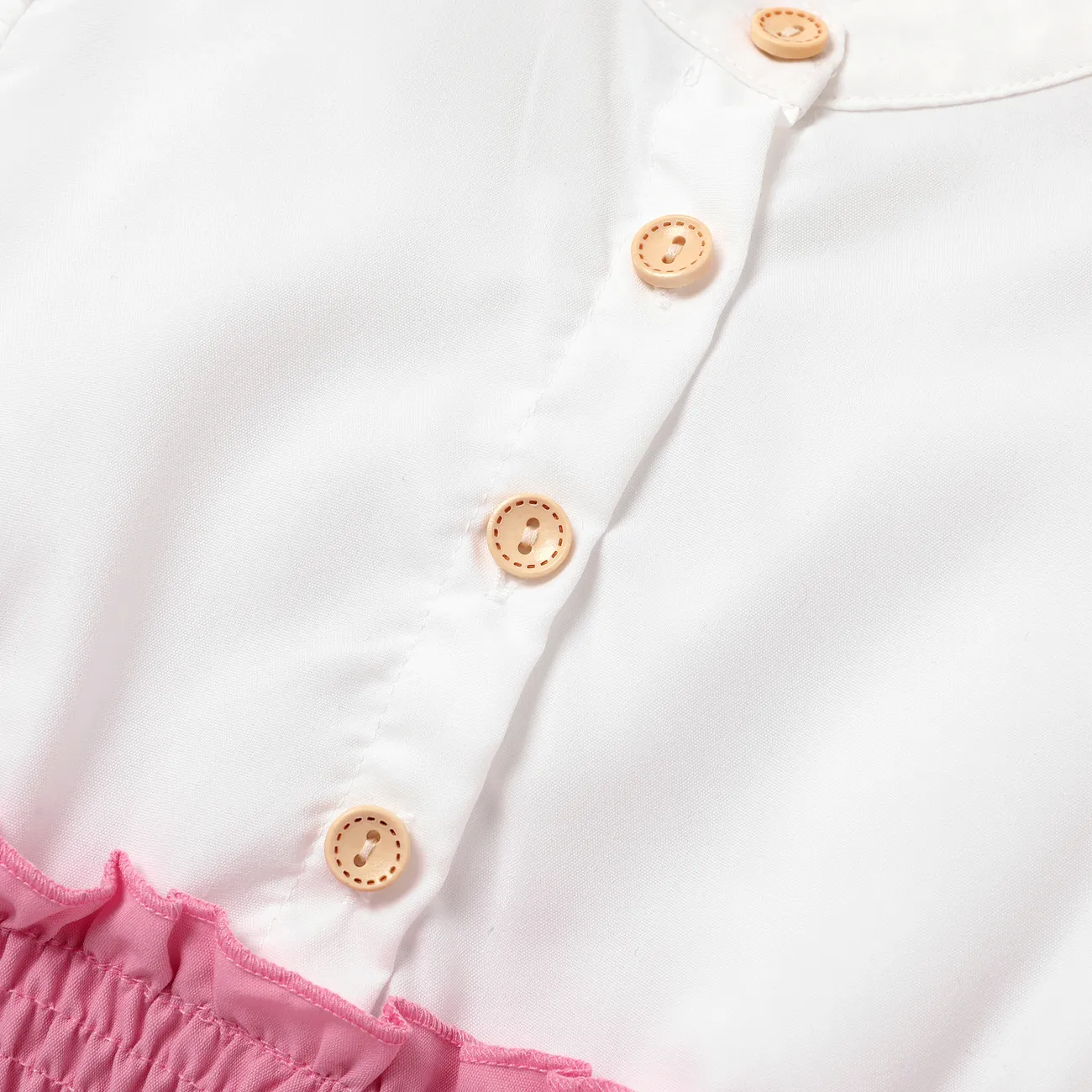 Kid Girl Button Design Smocked Splice Ruffled Flutter-sleeve Dress Pink big image 1