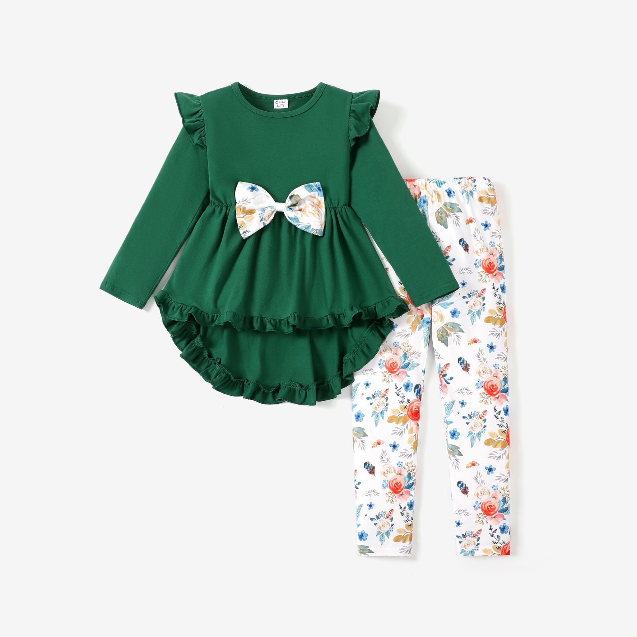 2-piece Kid Girl Bowknot Ruffled Long-sleeves Tee And Flower Allover Print  Pants