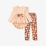 2-piece Kid Girl Bowknot Ruffled Long-sleeves Tee and Flower Allover Print  Pants Beige