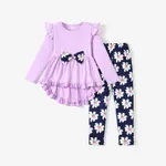 2-piece Kid Girl Bowknot Ruffled Long-sleeves Tee and Flower Allover Print  Pants Light Purple