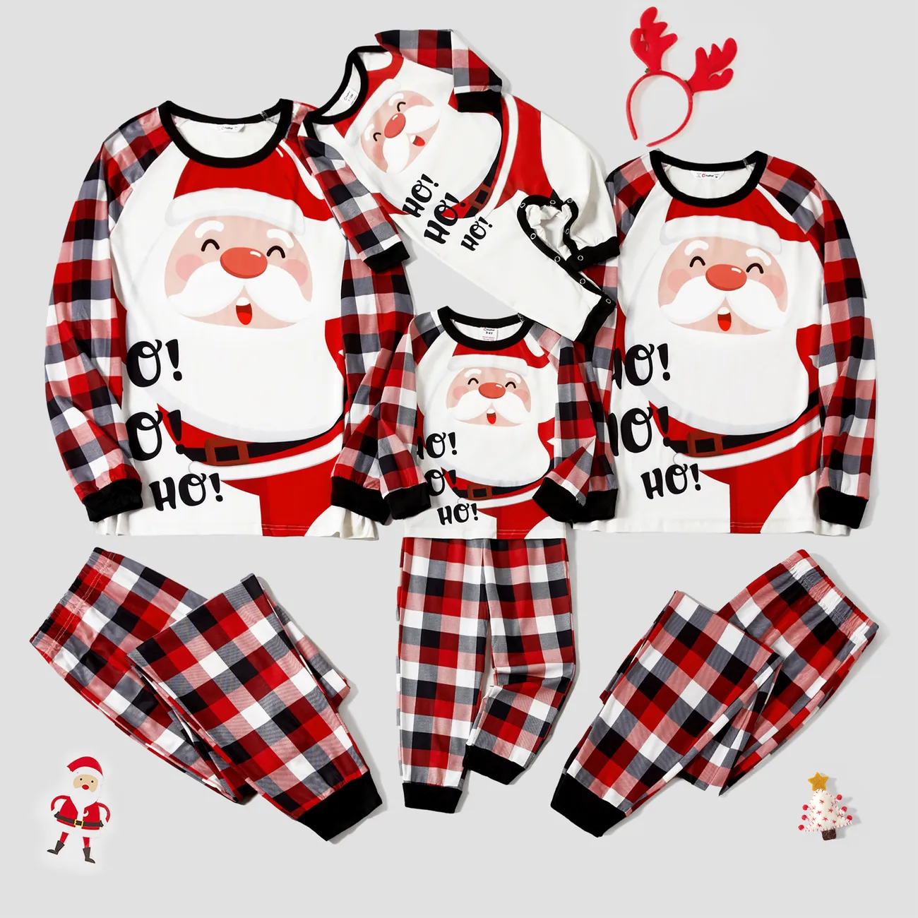 Christmas Family Matching Santa & Letter Print Red Plaid Raglan-sleeve Pajamas Sets (Flame Resistant) ColorBlock big image 1