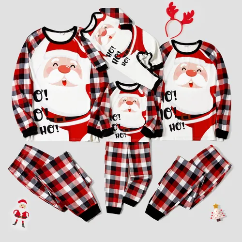 Christmas Family Matching Santa & Letter Print Red Plaid Raglan-sleeve Pajamas Sets (Flame Resistant)