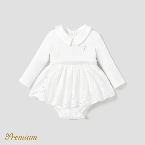 Baby Girl Elegant Long Sleeve Solid Color Romper with Ruffle Edge