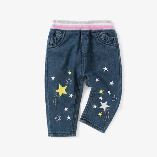 Baby Girl's Cotton Jeans with Stars/Moon/Clouds Pattern - 1 Piece