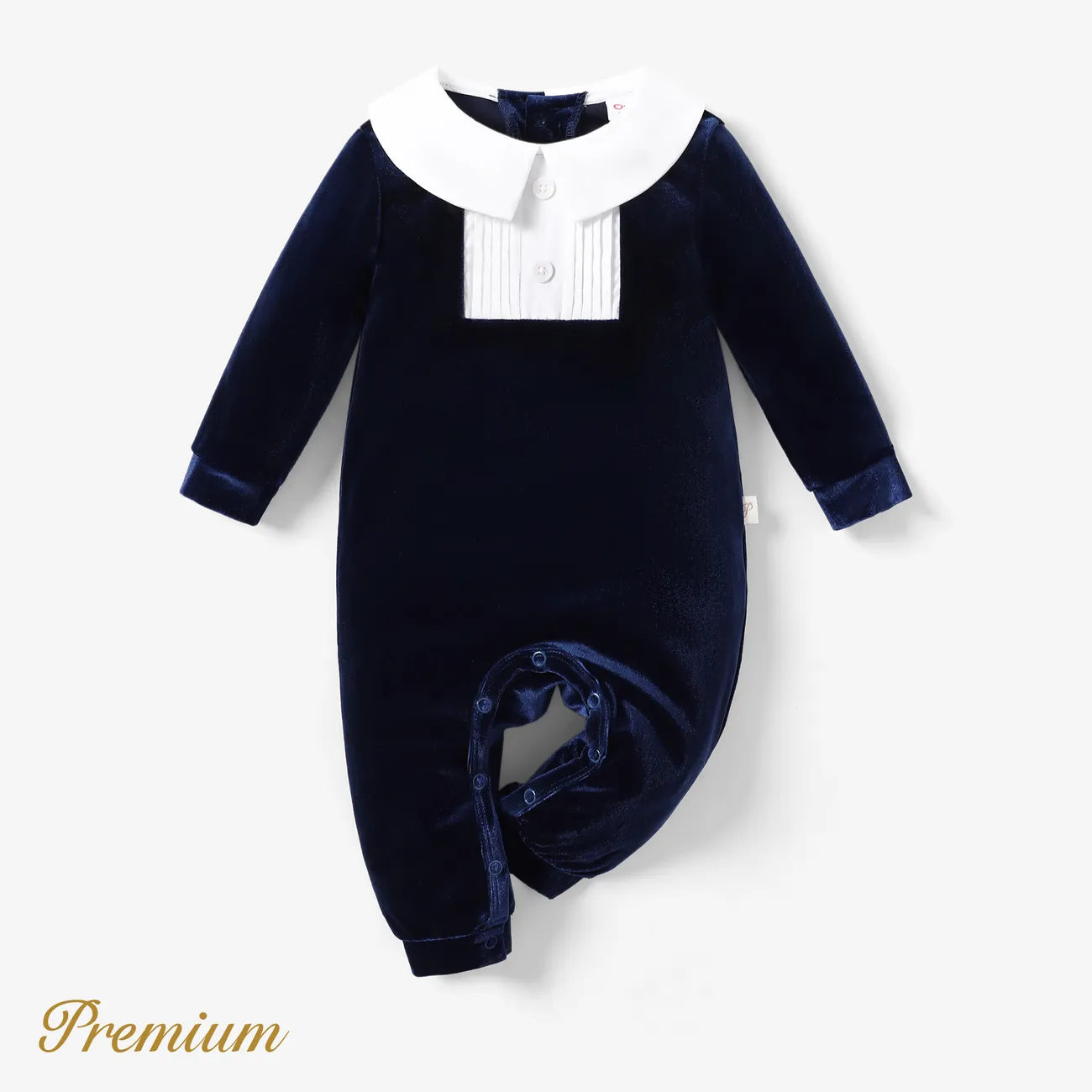 Baby Boy Elegant Lapel Solid Color Jumpsuit Dark Blue big image 1