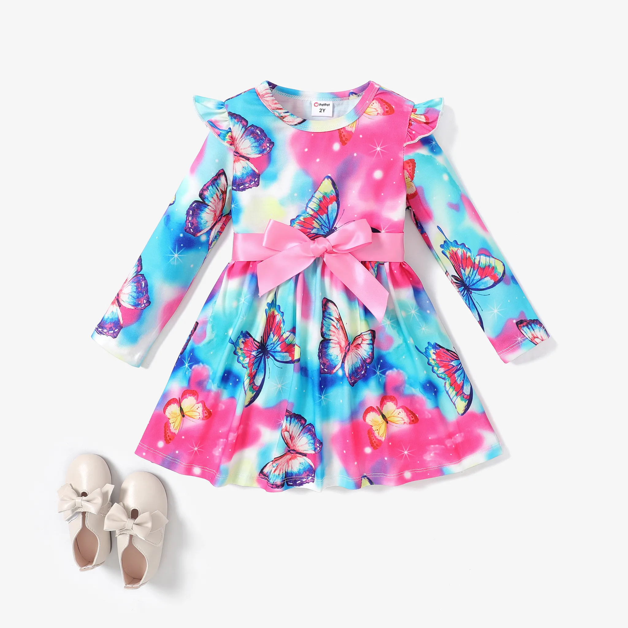 2pcs Toddler Girl Butterfly Animal print Tie-Dyed Flutter Sleeve Dress 
