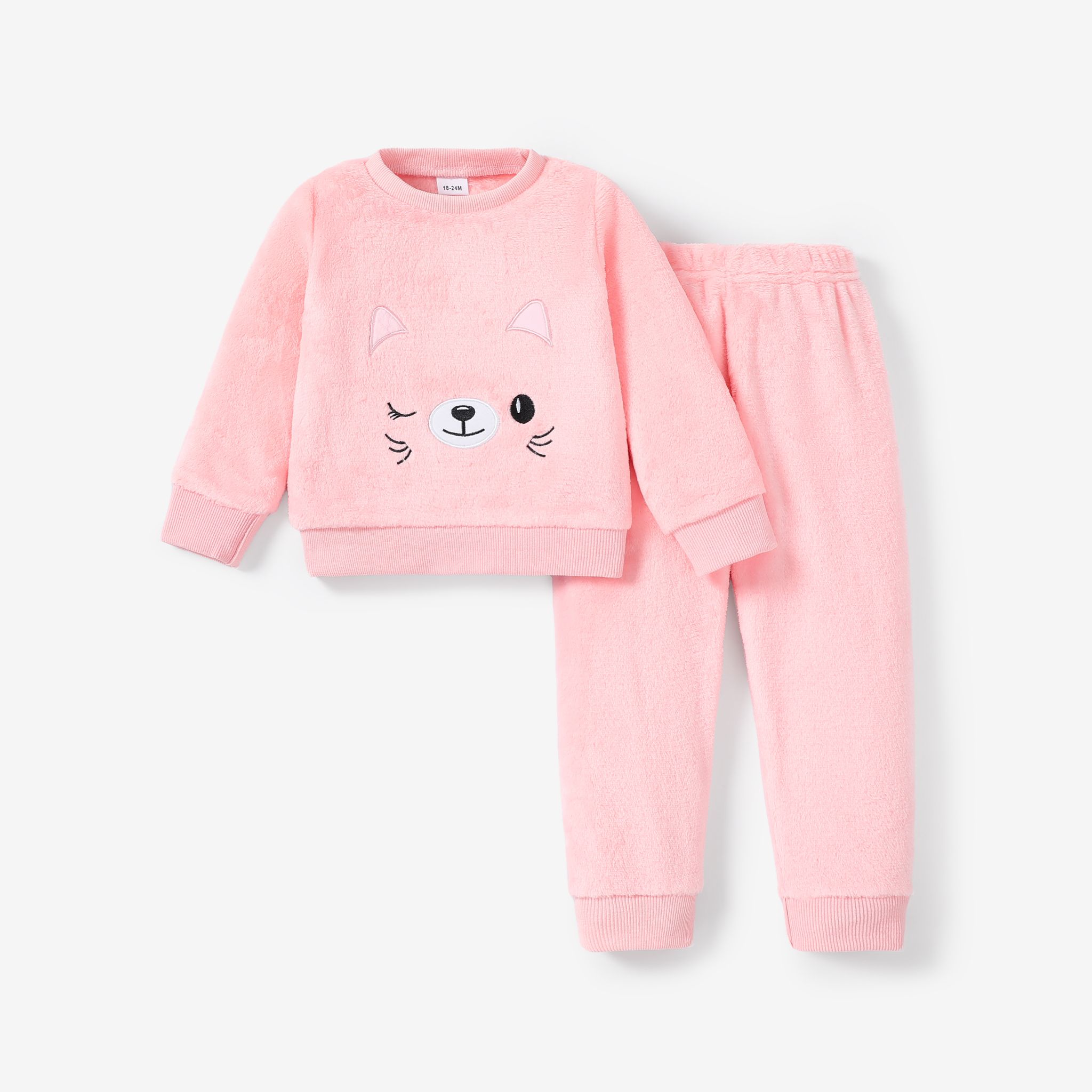 

2-piece Toddler Girl Cat Pattern Fuzzy Pullover and Pink Pants Set