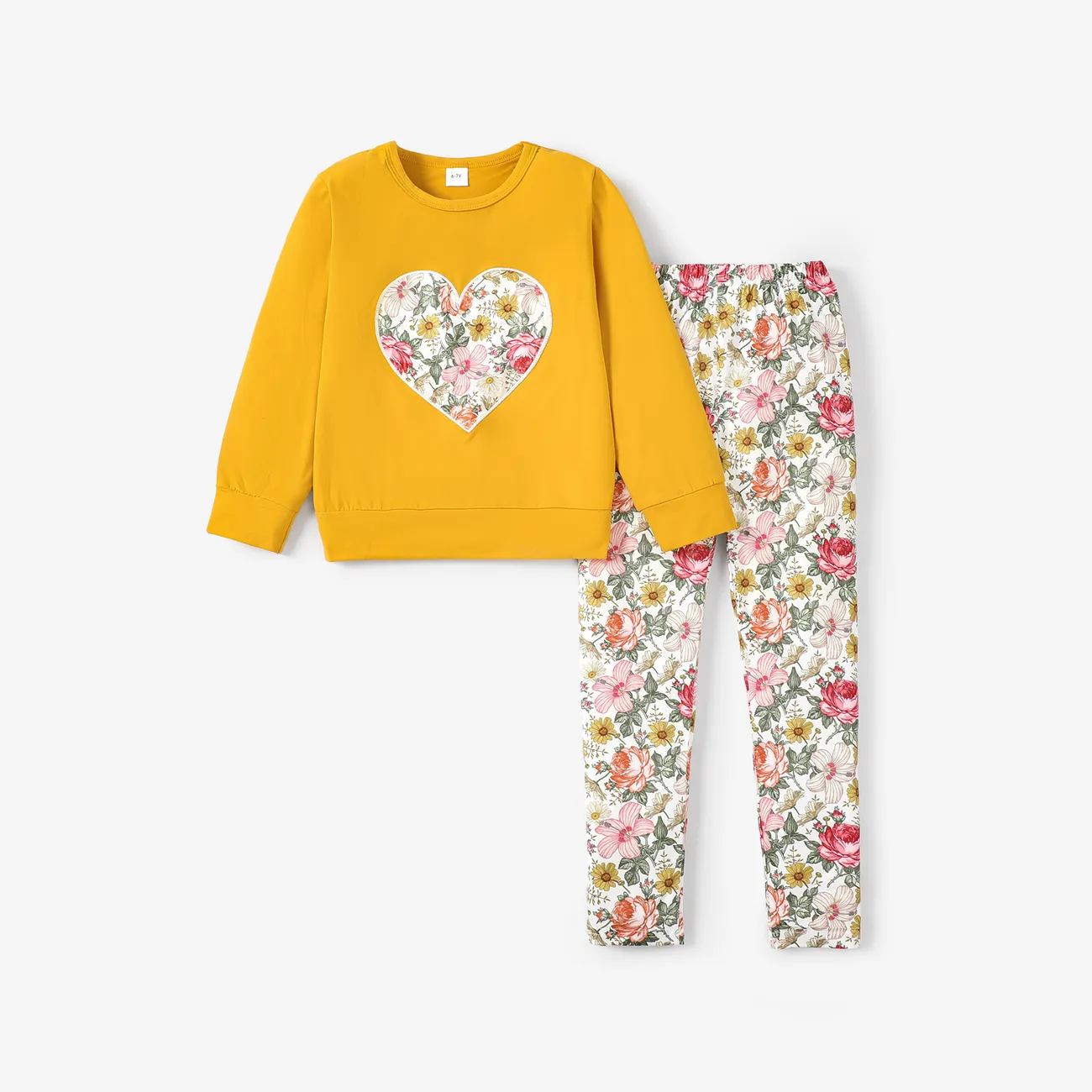 2-piece Kid Girl Floral Print Heart Pattern  Pullover Sweatshirt and Pants Set  big image 1