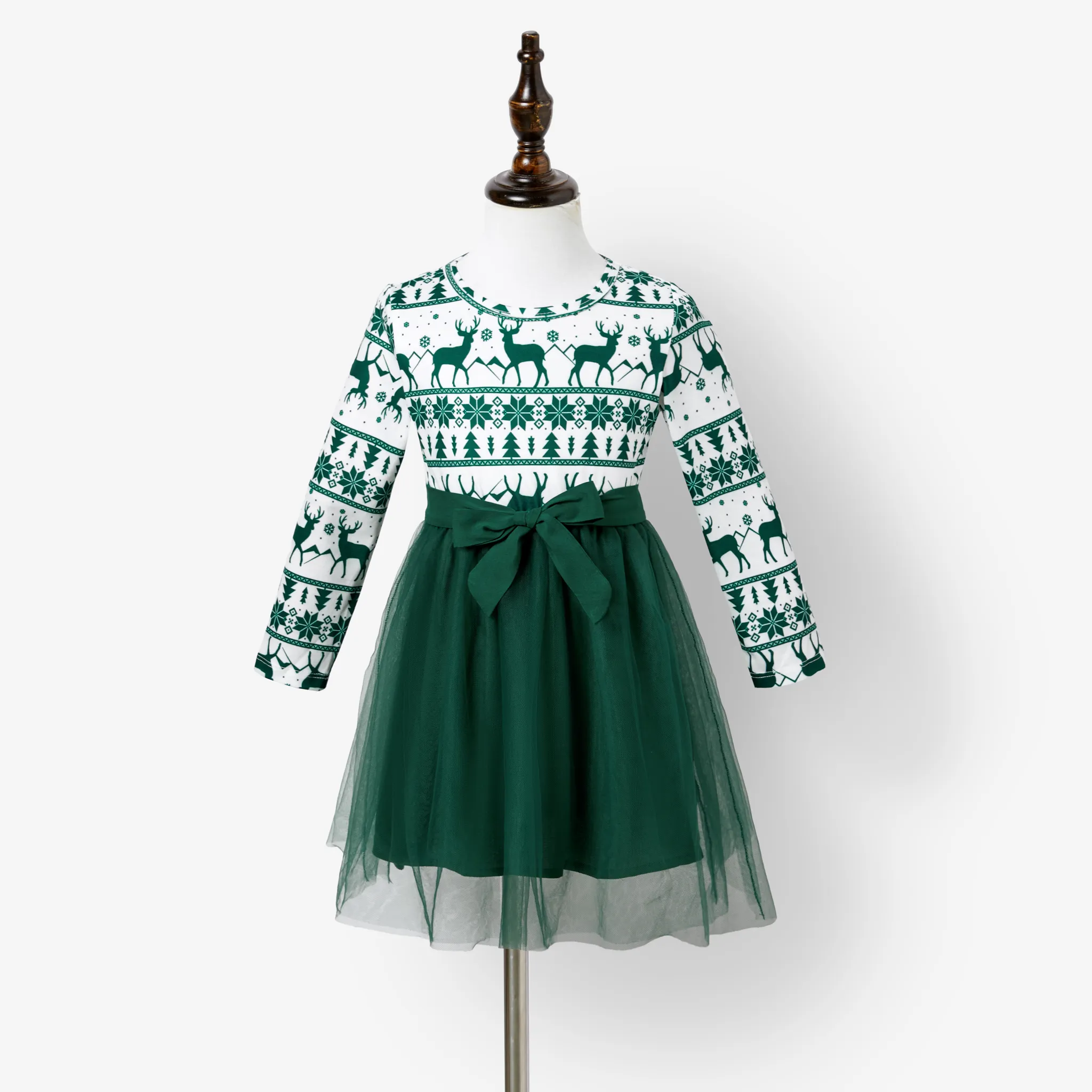 Christmas Family Matching Green Festival Theme Print Tops and Mesh Splicing Dresses Sets