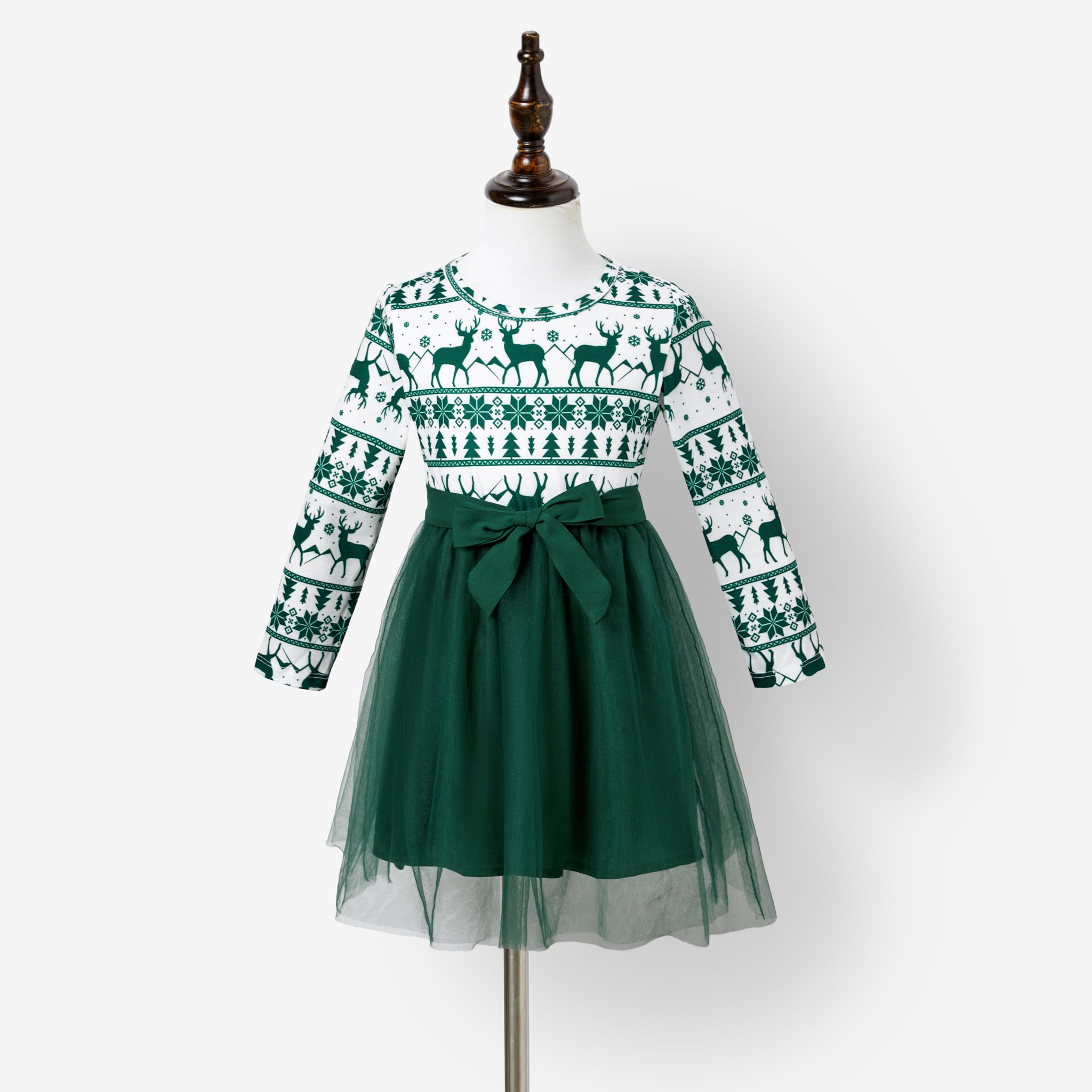 Christmas Family Matching Green Festival Theme Print Tops And Mesh Splicing Dresses Sets