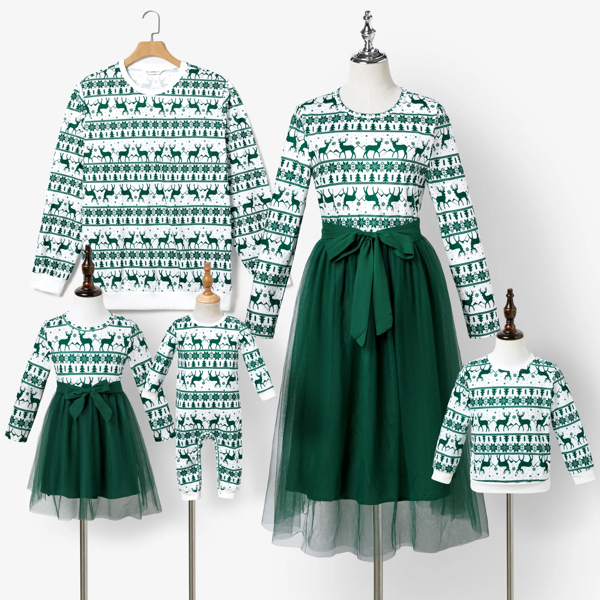 Christmas Family Matching Green Festival Theme Print Tops and Mesh Splicing Dresses Sets