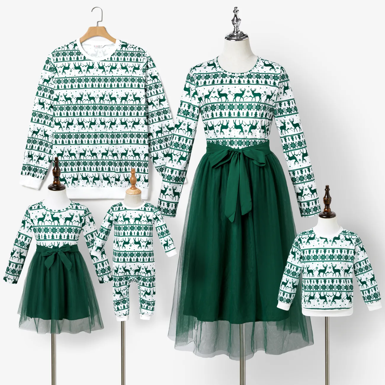 Christmas Family Matching Green Festival Theme Print Tops and Mesh Splicing Dresses Sets Green big image 1