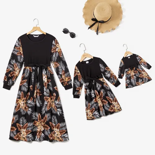 Mommy and Me Tropical Floral Print Bow Decor Long-sleeve Dresses