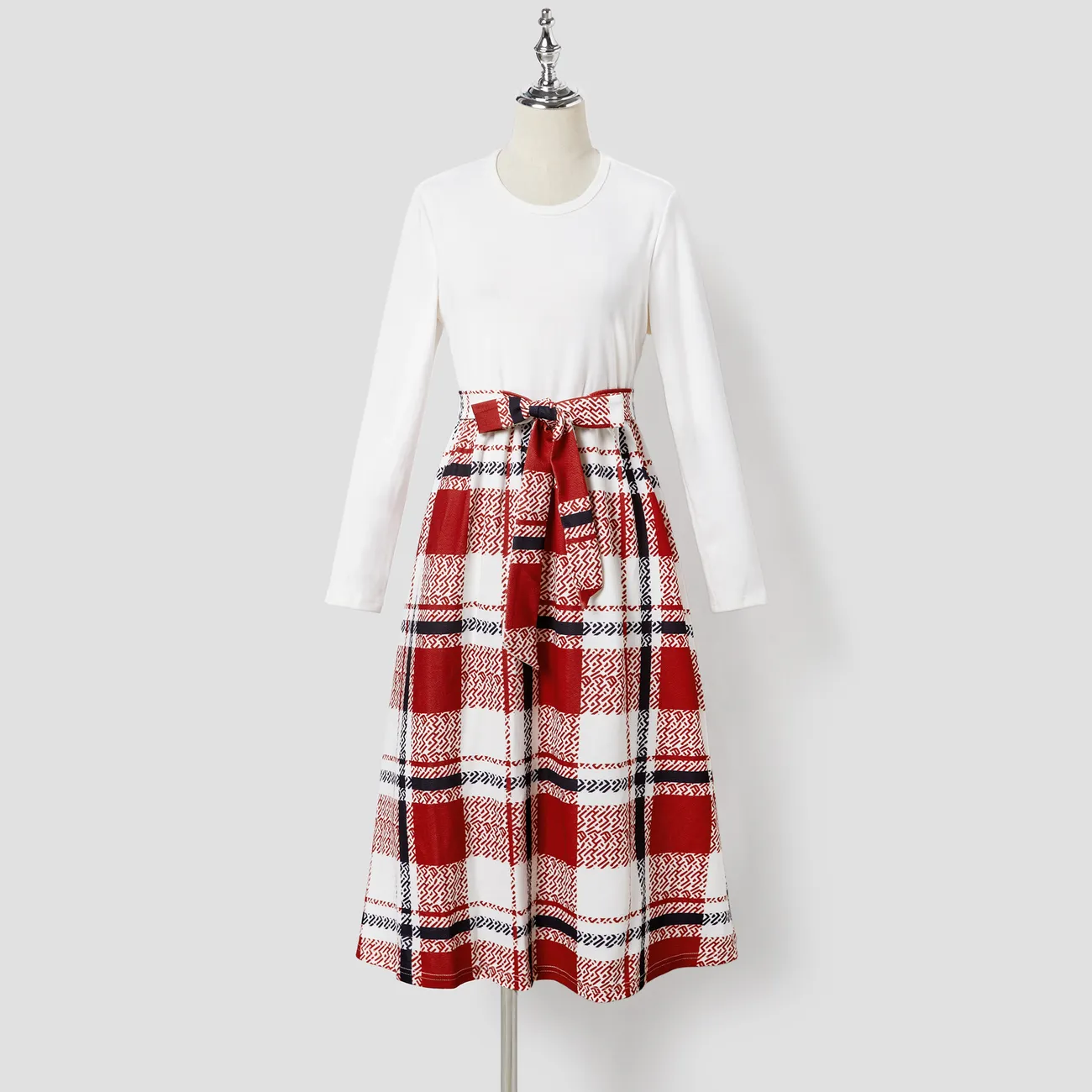 Family Matching Casual Long-sleeve Color-block Tops & Grid/Houndstooth Belted Dresses Sets  White big image 1