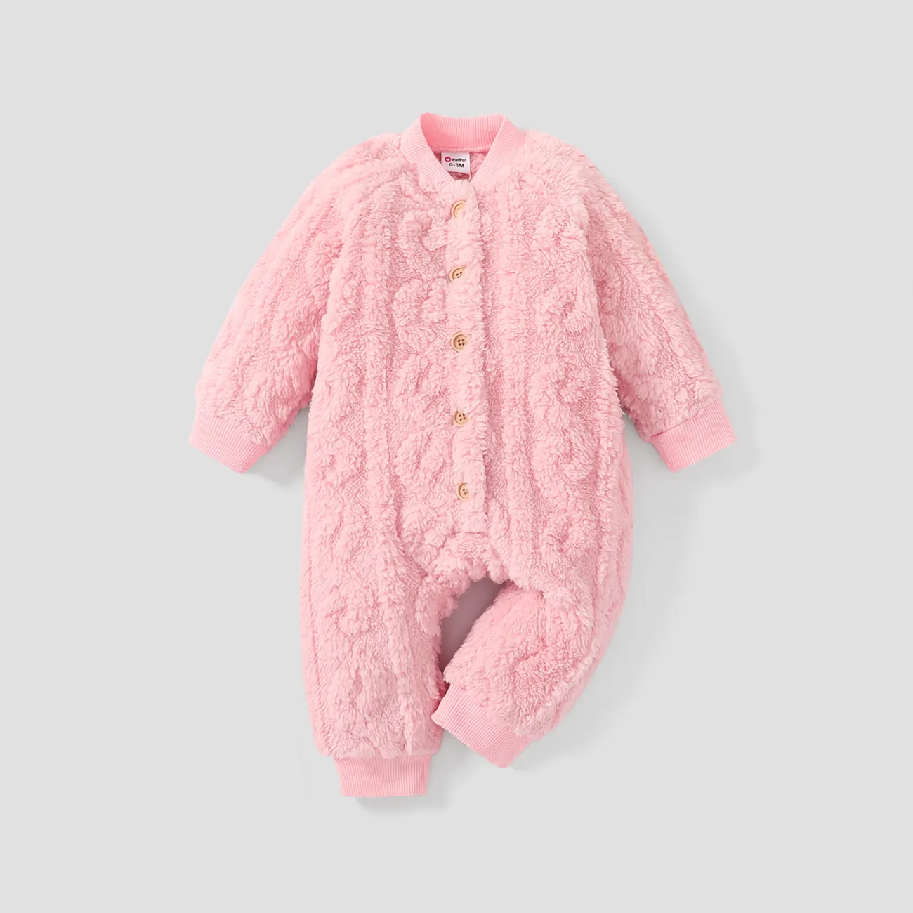 Baby Girl/Boy Button Design Basic Solid Color Jumpsuit  Pink big image 1