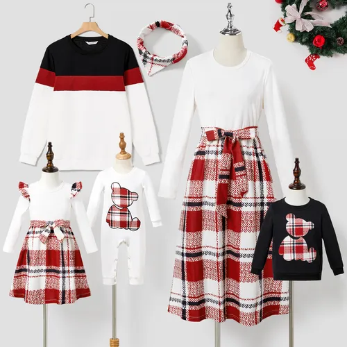 Family Matching Casual Long-sleeve Color-block Tops & Grid/Houndstooth Belted Dresses Sets 