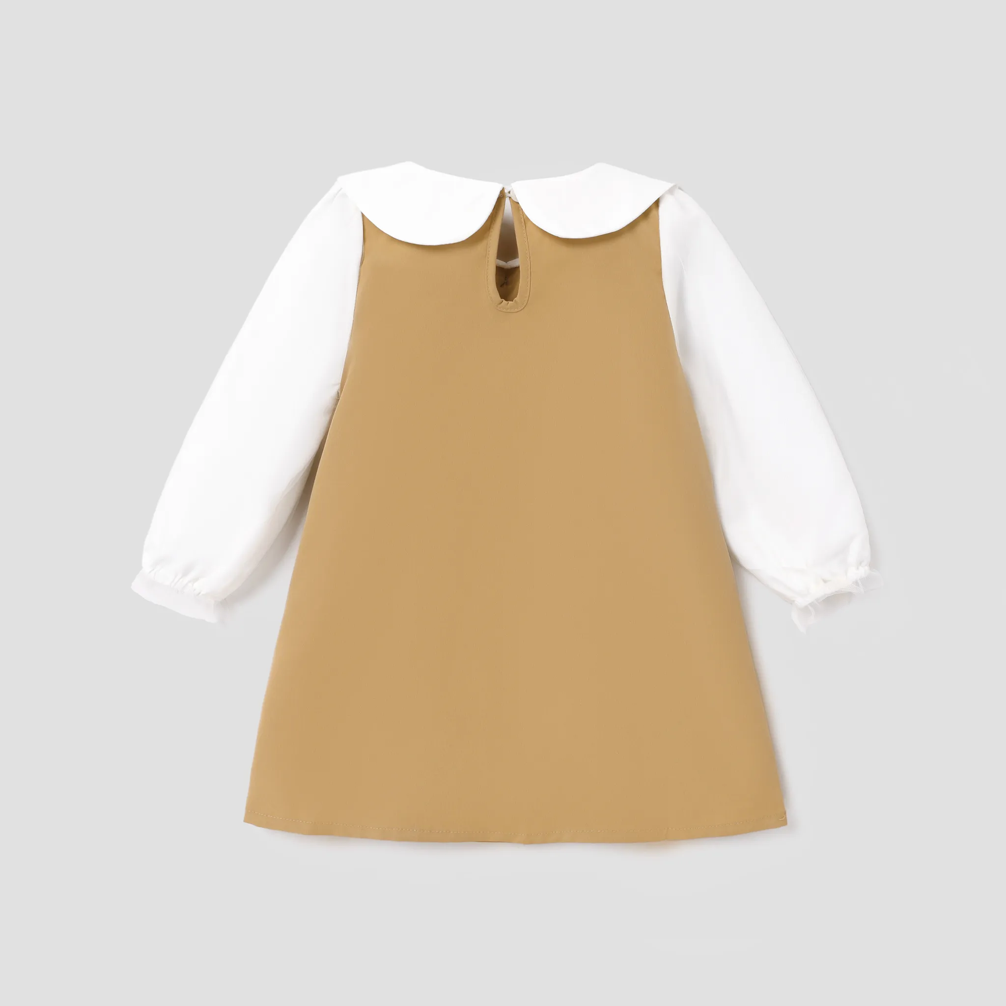 Toddler Girl Doll Collar Bowknot Design Mesh Long-sleeve Khaki Dress Khaki image 2