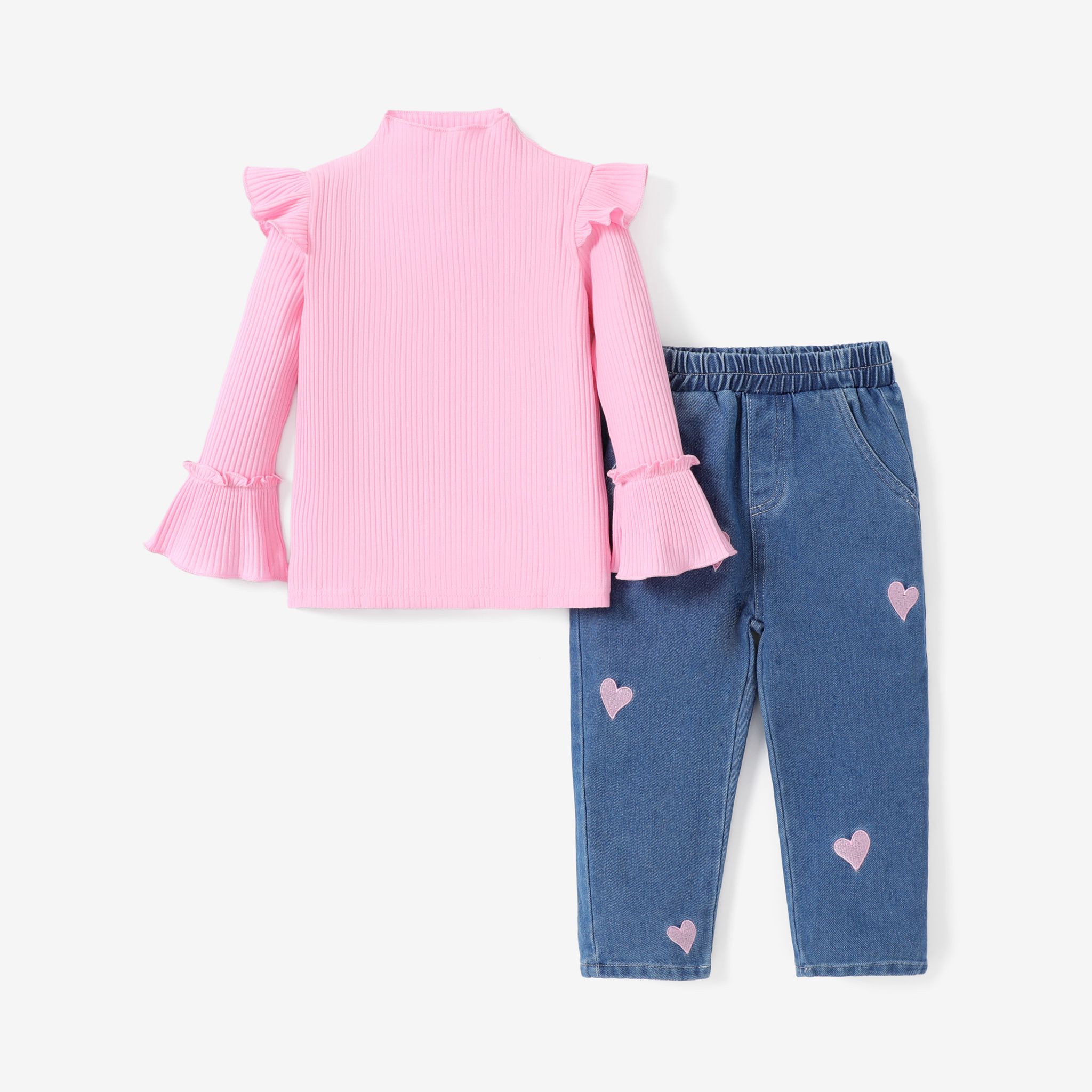 2pcs Toddler Girl Sweet Heart Cotton Flutter Sleeve Tee And Jean Set