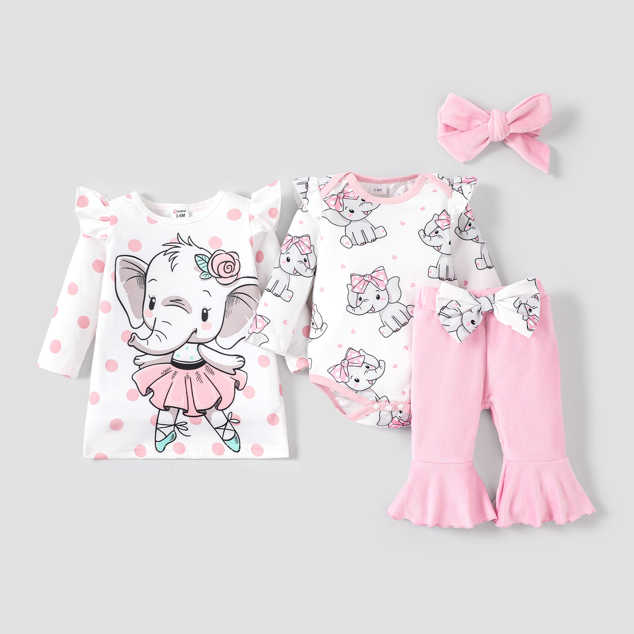 

Baby Girl Elephant Print Ruffled Long-sleeve Dress / Bodysuit Sets