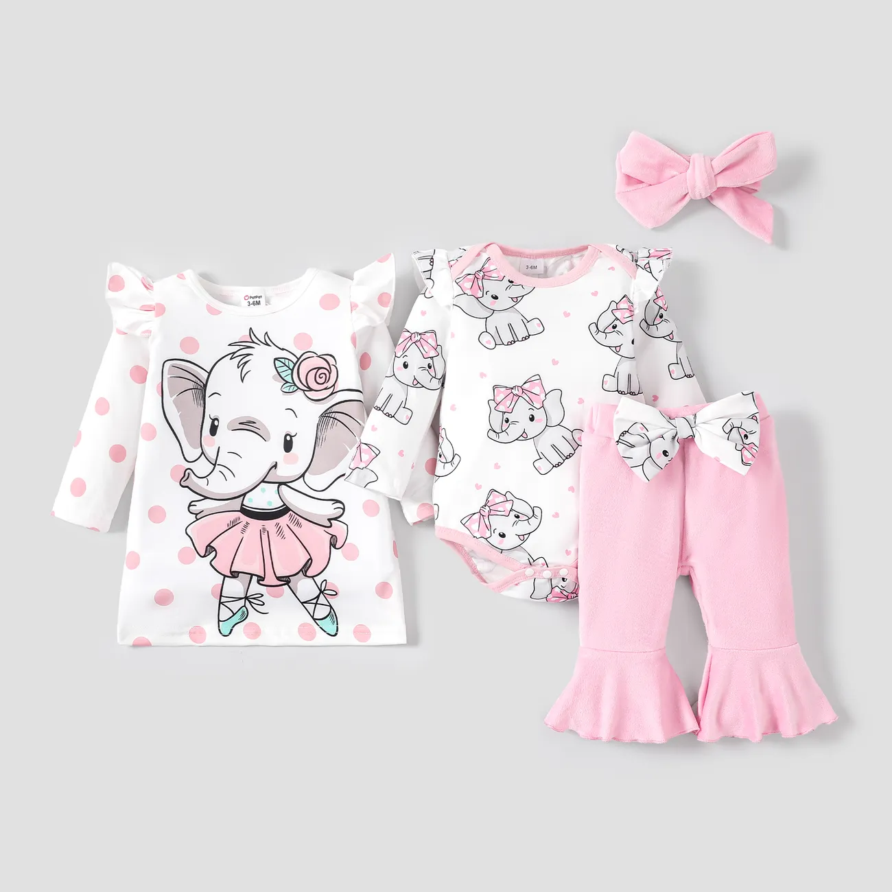 Baby Girl Elephant Print Ruffled Vestido de manga larga / Bodysuit Sets Rosa-A big image 1