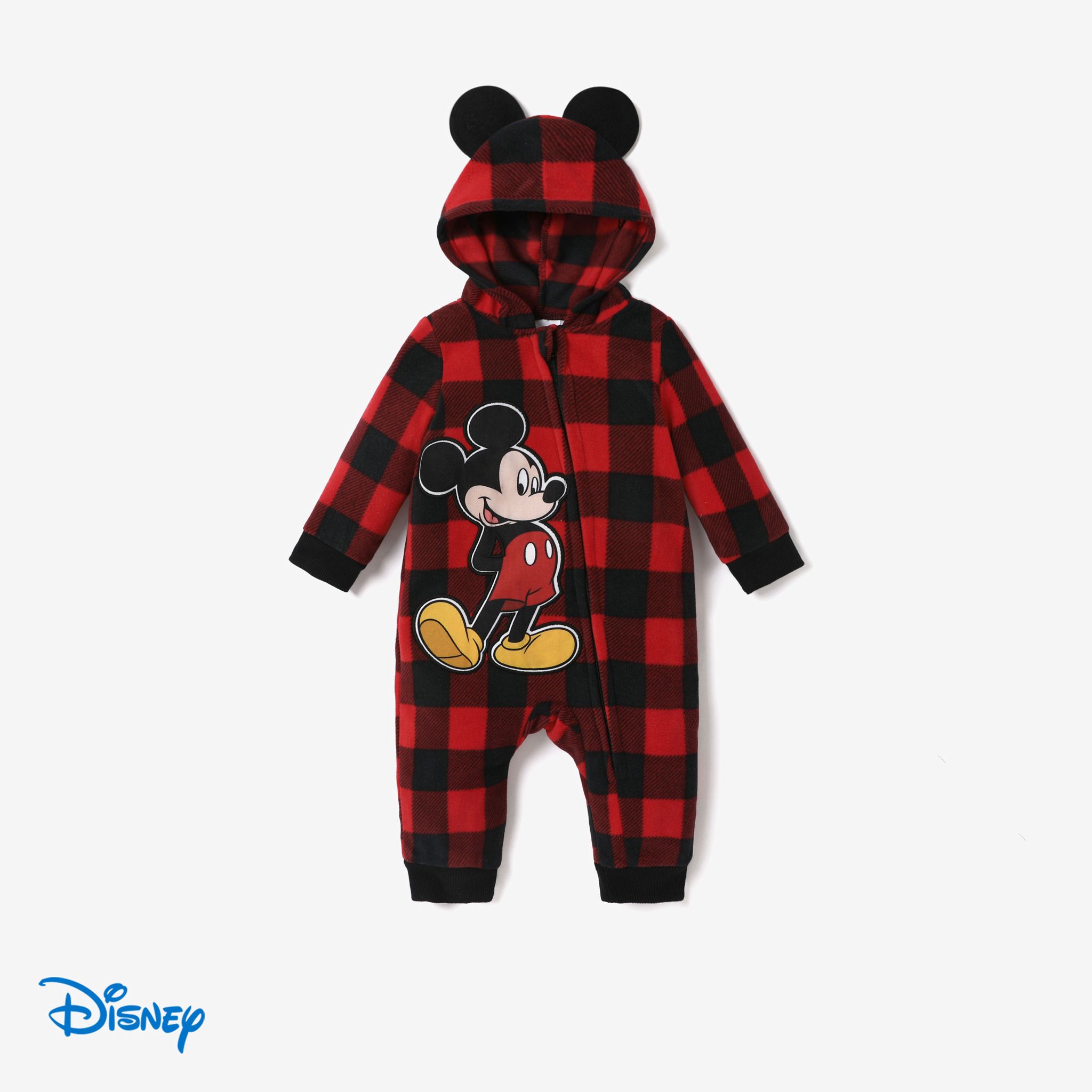Disney Mickey And Friends Baby Christmas Red And Black Checkered Polar Fleece Romper