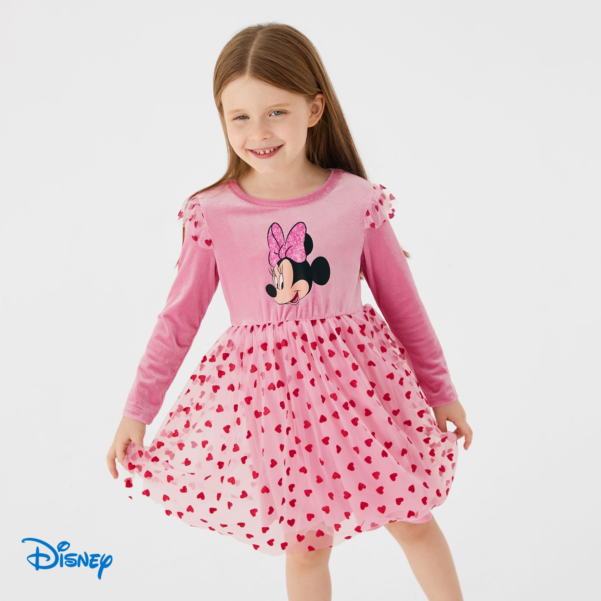 Disney Mickey And Friends Toddler Girl Heart Print Flutter-sleeve Mesh Dress