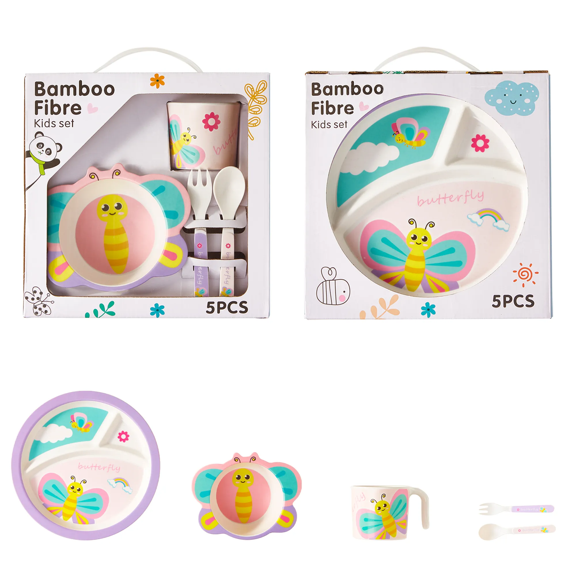 Bamboo Fiber Kids Tableware Set - 5-Piece Gift Box with Plate, Bowl, Cup, Spoon, and Fork Purple