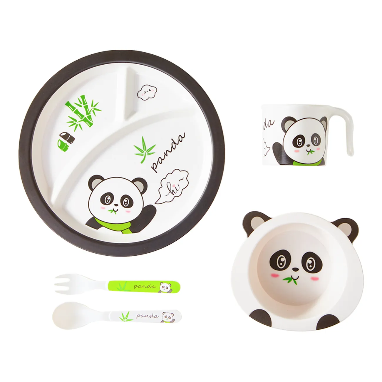 Juego de vajilla para niños de fibra de bambú - Caja de regalo de 5 piezas con plato, tazón, taza, cuchara y tenedor Negro big image 1