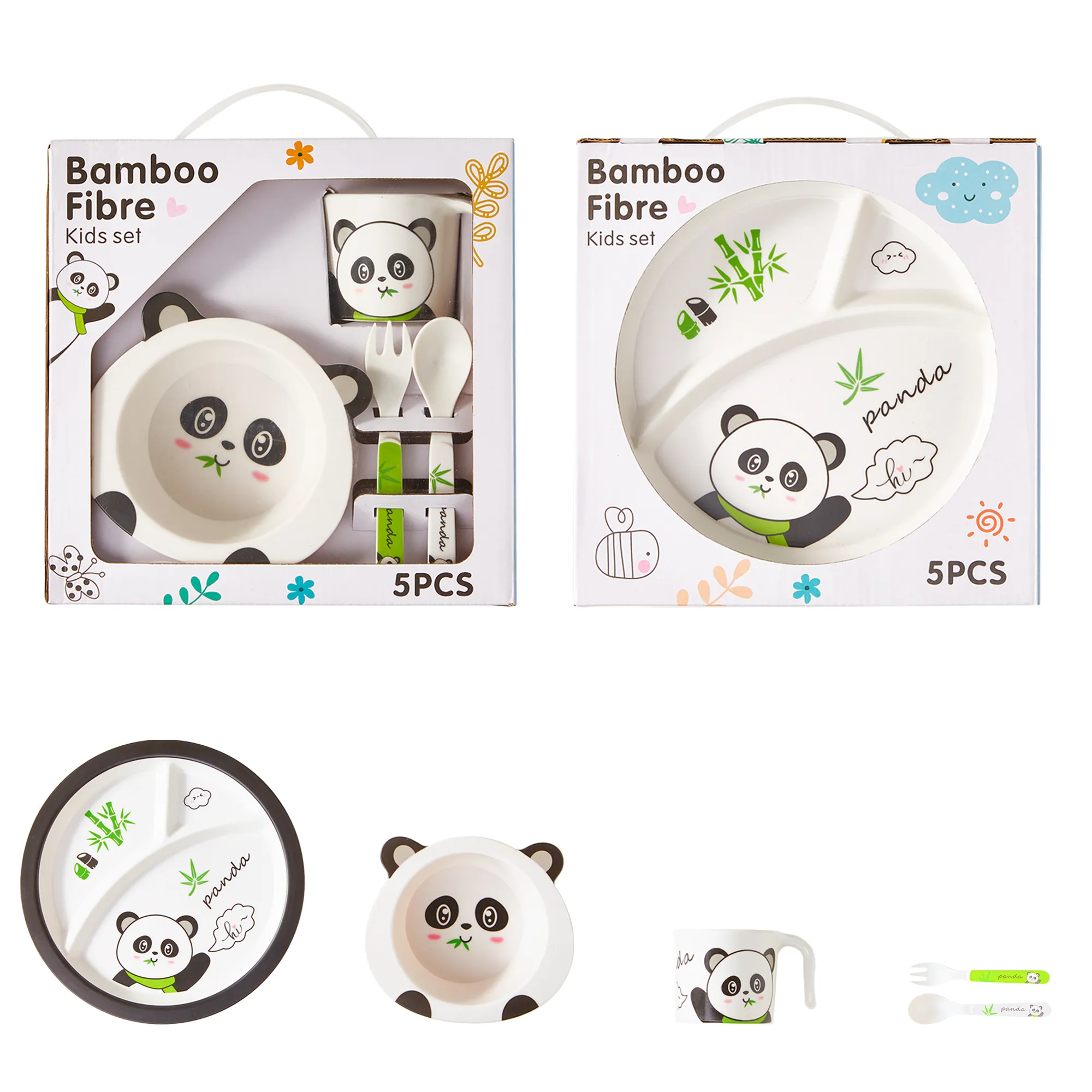 Bamboo Fiber Kids Tableware Set - 5-Piece Gift Box with Plate, Bowl, Cup, Spoon, and Fork Black big image 1