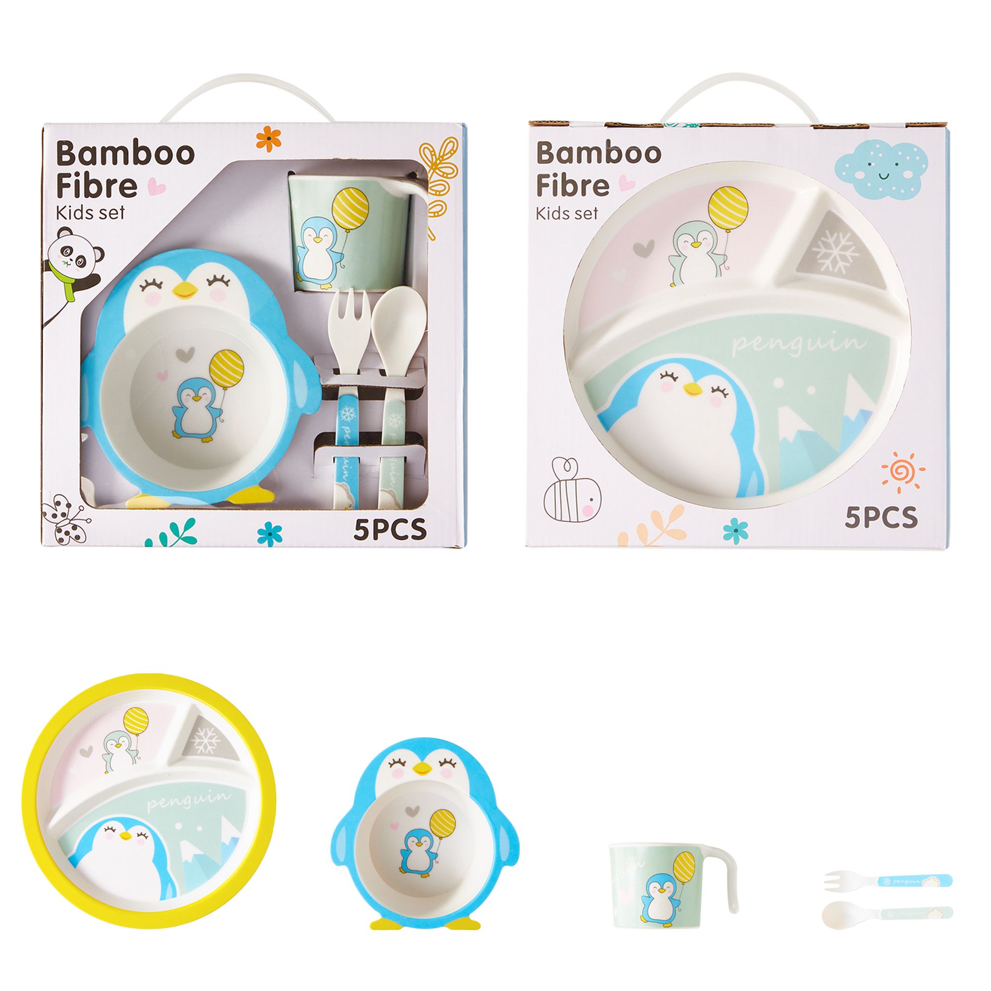 Bamboo Fiber Kids Tableware Set - 5-Piece Gift Box With Plate, Bowl, Cup, Spoon, And Fork