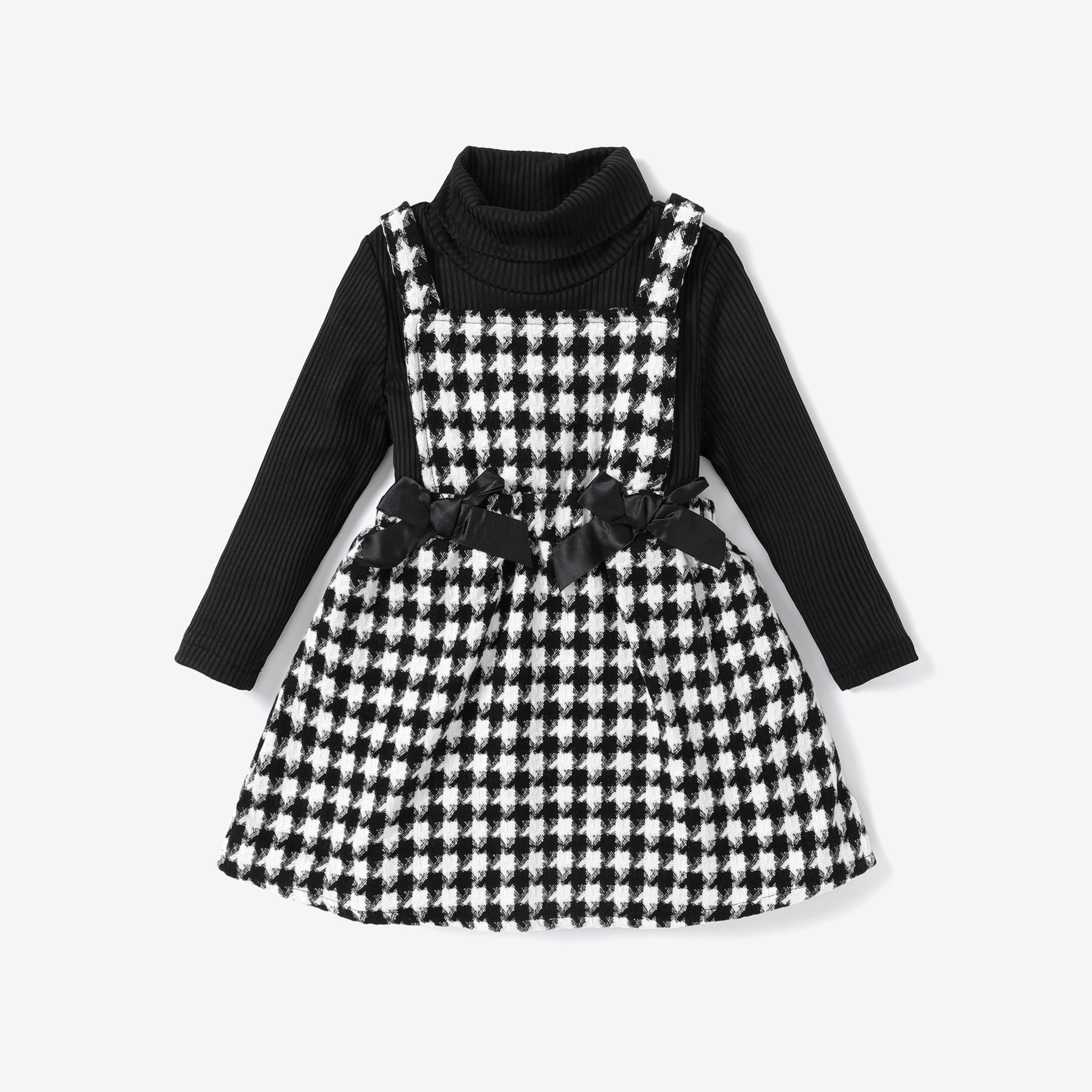 2pcs Toddler Girl Turtleneck Ribbed Black Tee And Bows Design Tweed Plaid Overall Dress Set