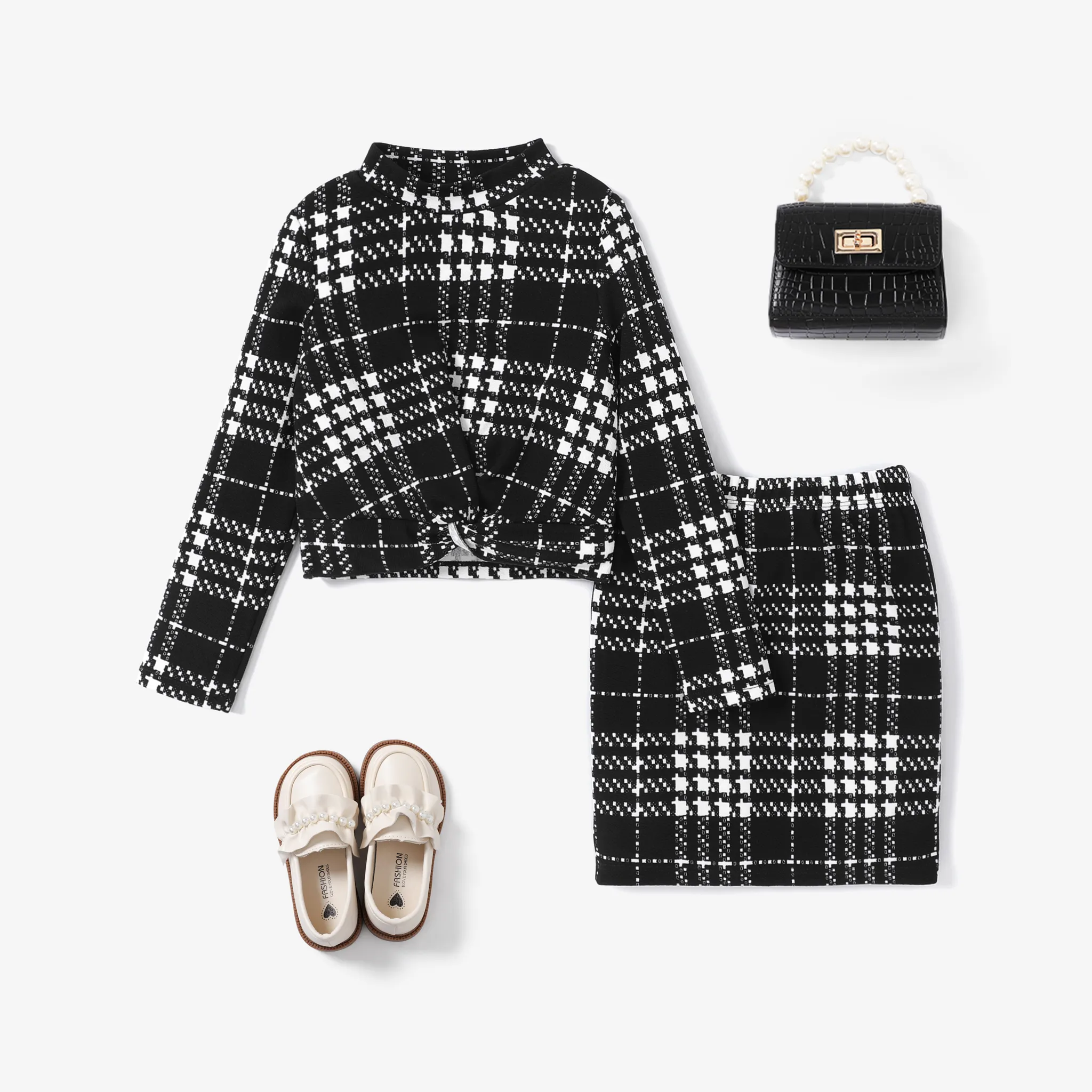 2pcs Kid Girl Avant-garde Grid/Houndstooth Skirt Suit 