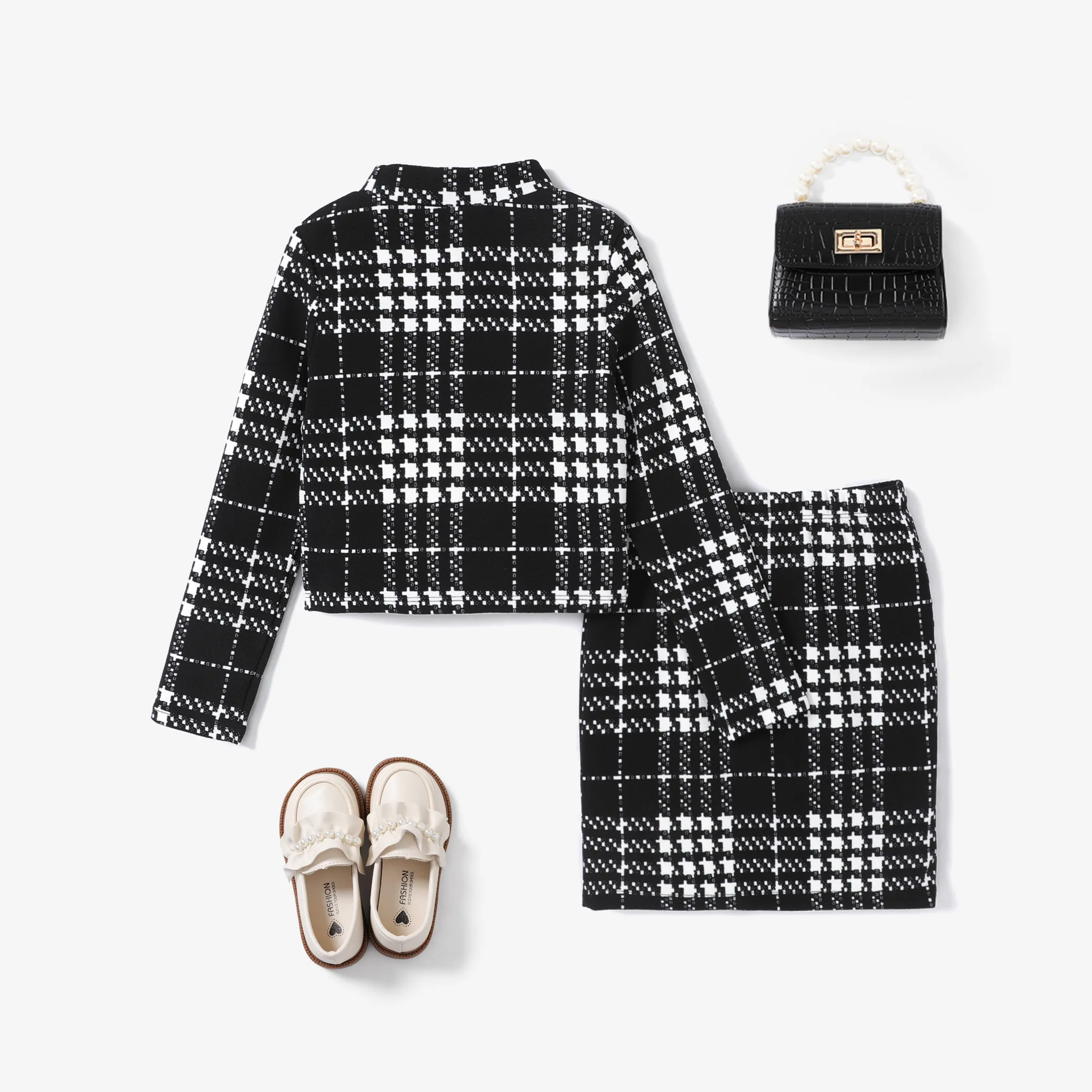 2pcs Kid Girl Avant-garde Grid/Houndstooth Skirt Suit  BlackandWhite image 2