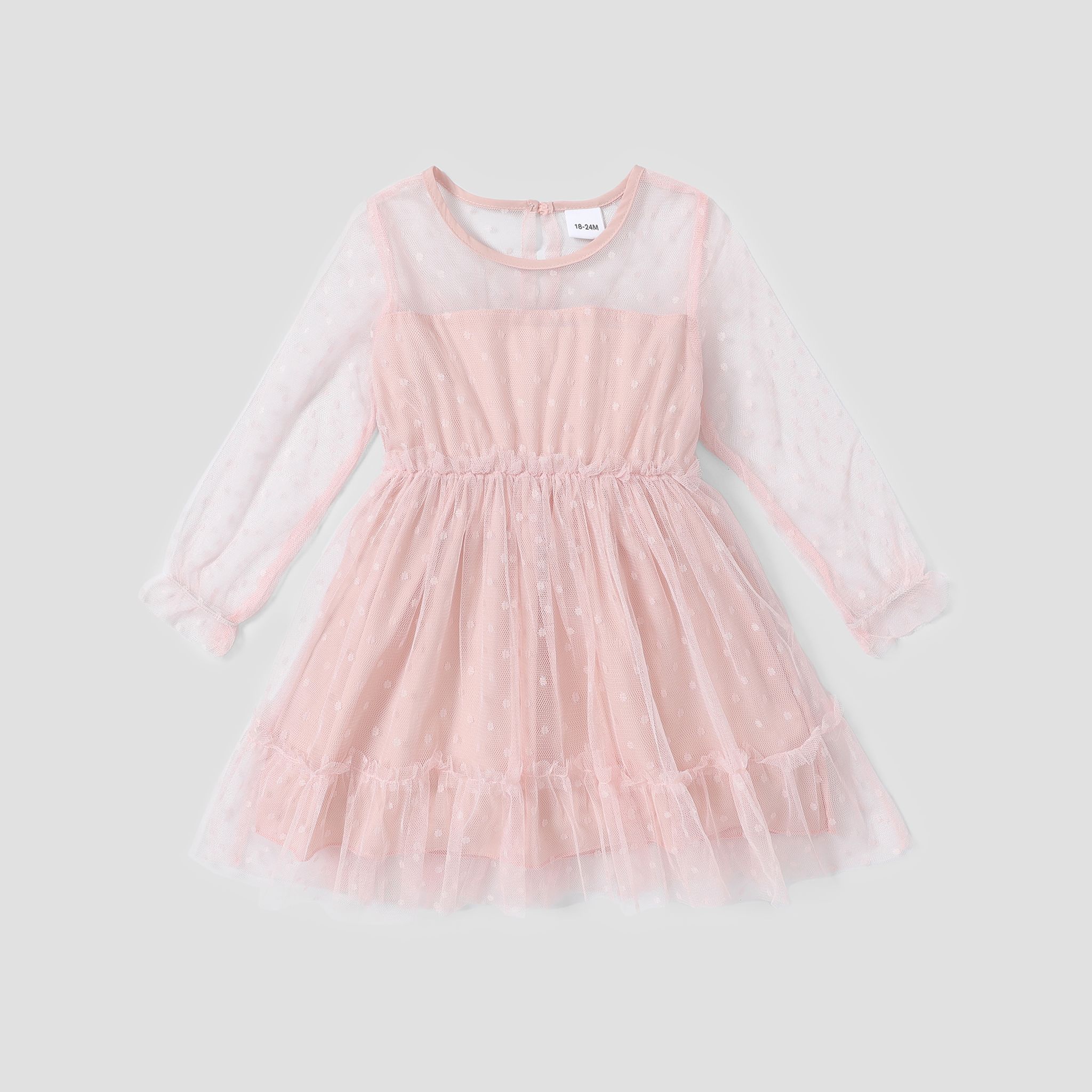 Toddler Girl Polka Dots Solid Color Mesh Long-sleeve Fairy Dress