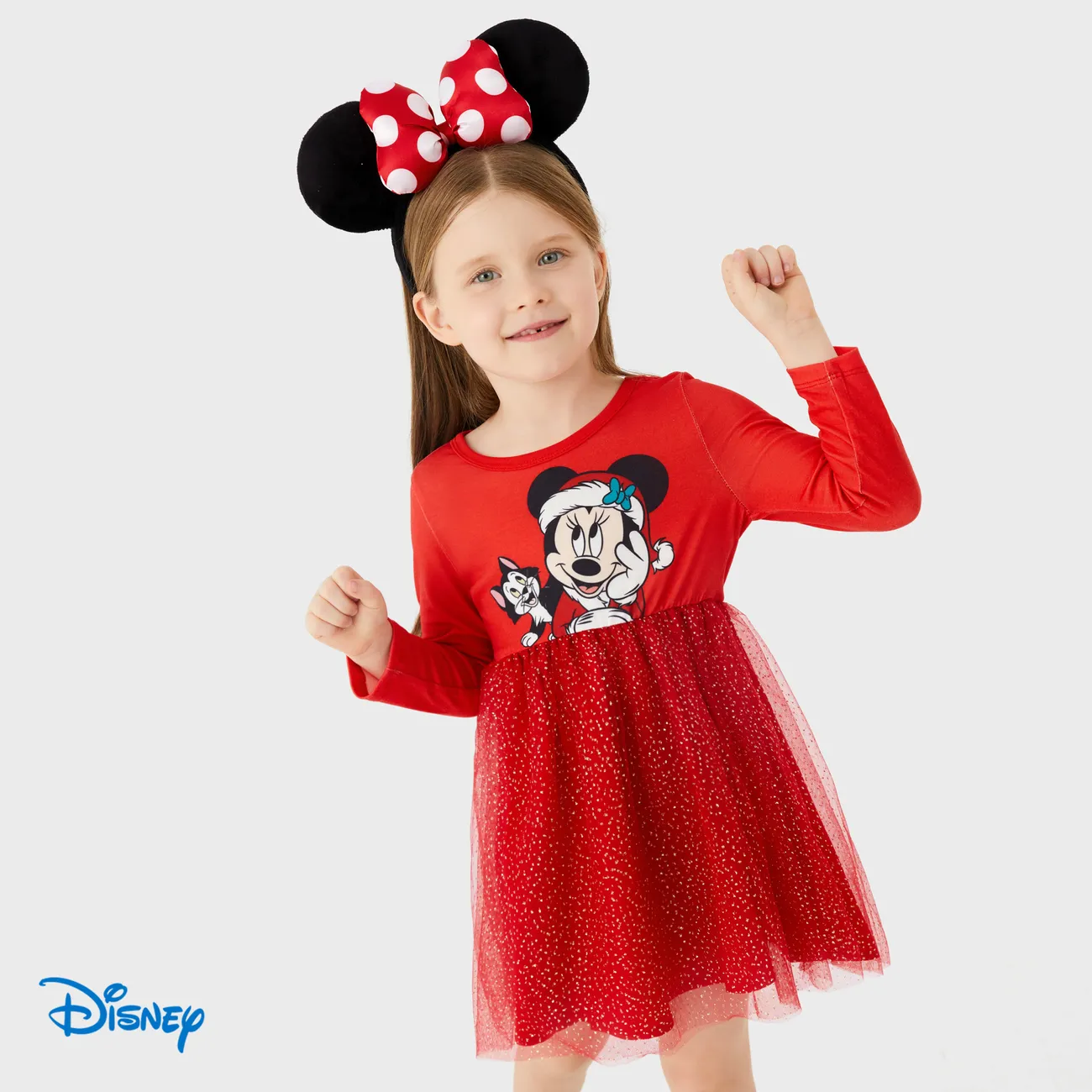Disney Mickey and Friends Christmas Toddler Girl Naia™ Character Print Long-sleeve Mesh Overlay Dress Red big image 1
