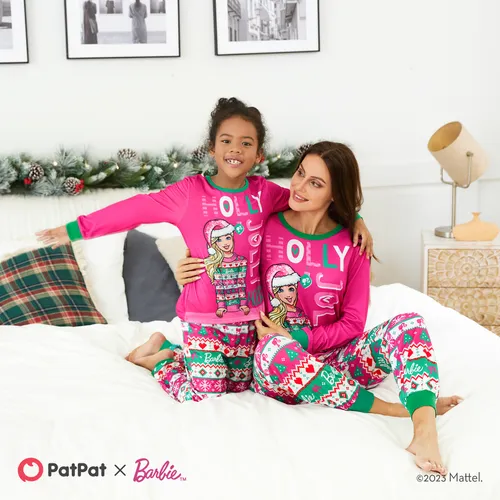 Barbie Christmas Mommy and Me Hot Pink Long-sleeve Graphic Print Pajamas Sets (Flame Resistant)
