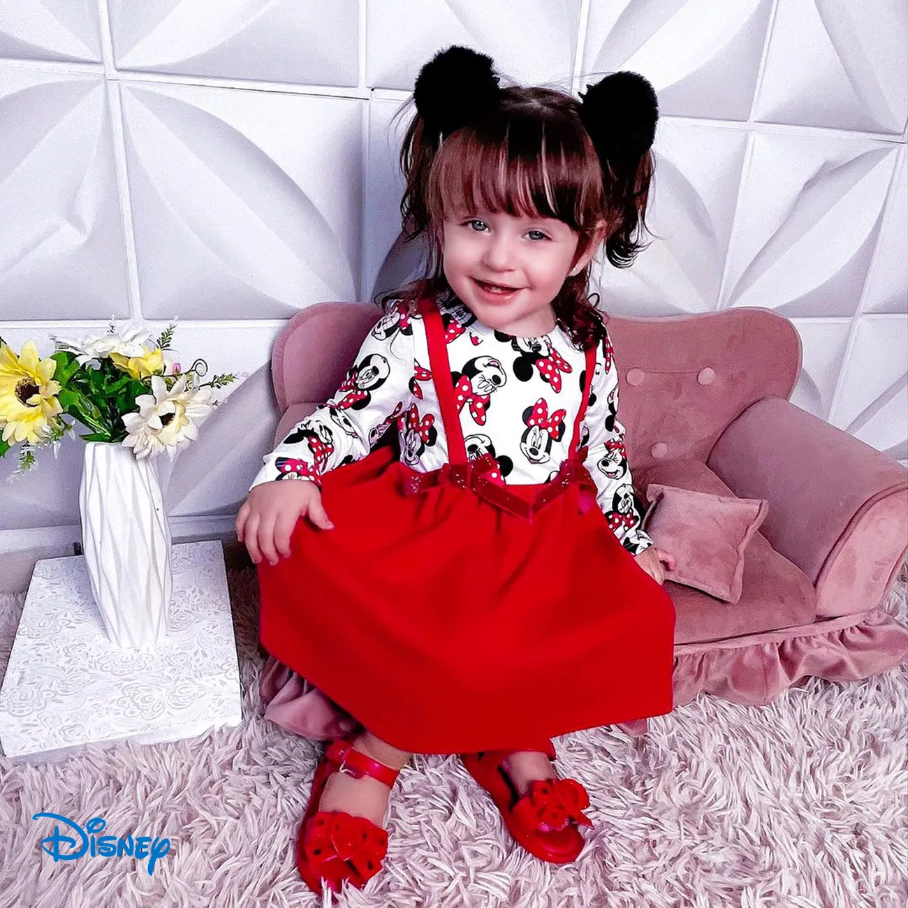 Disney Mickey and Friends 嬰兒 布料拼接 童趣 長袖 連衣裙 紅色 big image 1