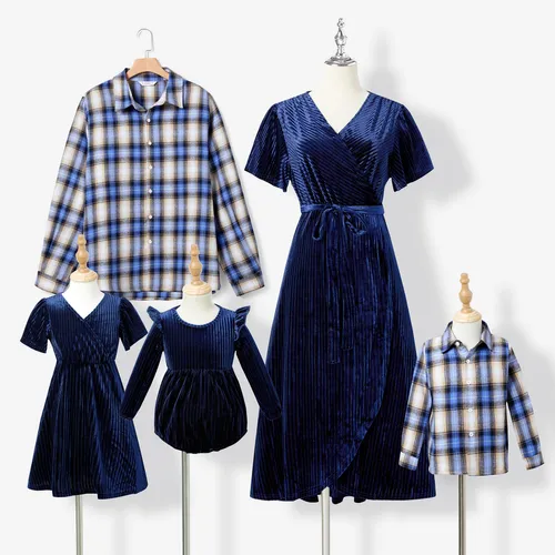 Family Matching Long-sleeve Plaid Shirt Tops and Elegant Solid Color Short-sleeve Velvet Dresses Sets