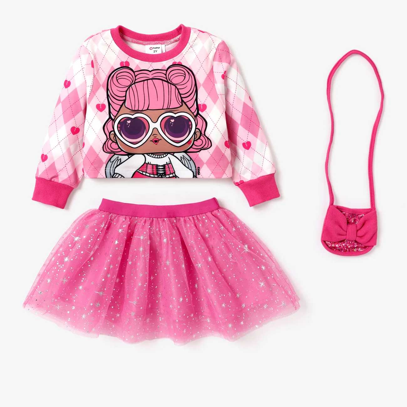 L.O.L. SURPRISE! Toddler Girl Glitter Hem Character Pattern Top with Crossbody Bag Skirt Suit  Roseo big image 1
